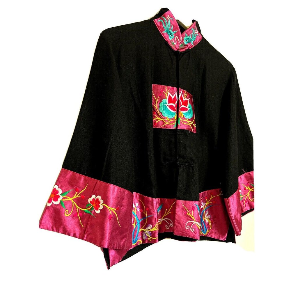 Asian Lotus Embroidered Dressy Elegant Cropped Black Jacket Blazer M